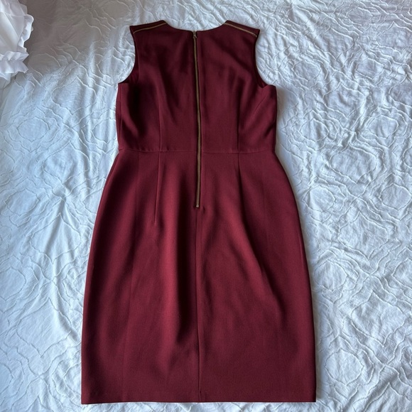 Donna Morgan Rich Burgundy Midi Dress Gold Zipper Detail and Mesh Neckline - Picture 8 of 9